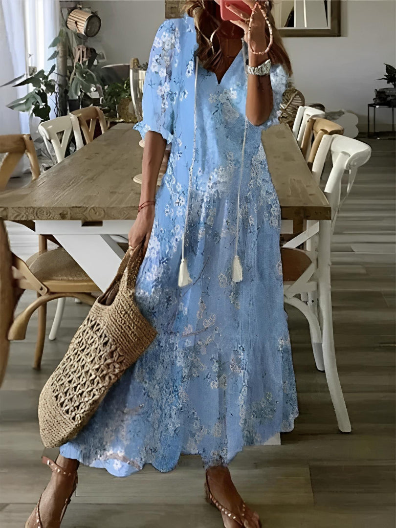 CATHY™ | Vintage Print V-Neck Maxi Dress